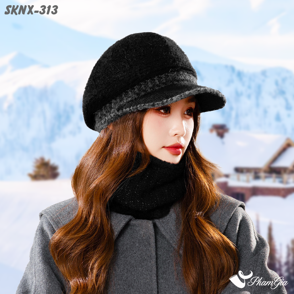 Model Set Khăn Nón Len Beret 2 Lớp Cao Cấp Phối Vành Màu Đen