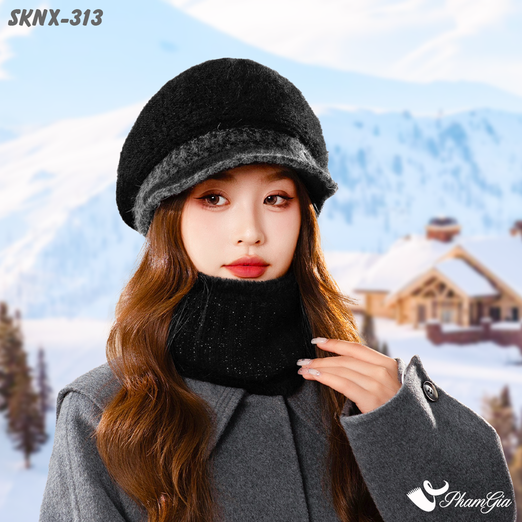 Set Khăn Nón Len Beret 2 Lớp Cao Cấp Phối Vành Màu Đen