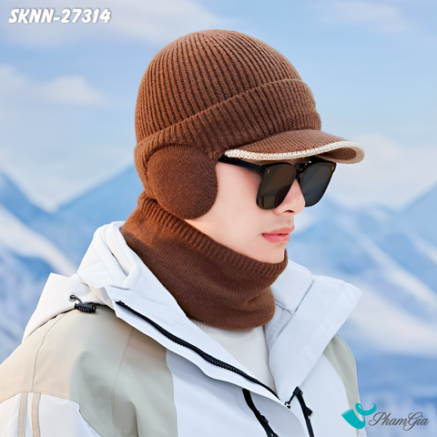 Người Mẫu Set Khăn Nón Len Giữ Ấm Unisex Có Tai Chụp Màu Nâu Tây
