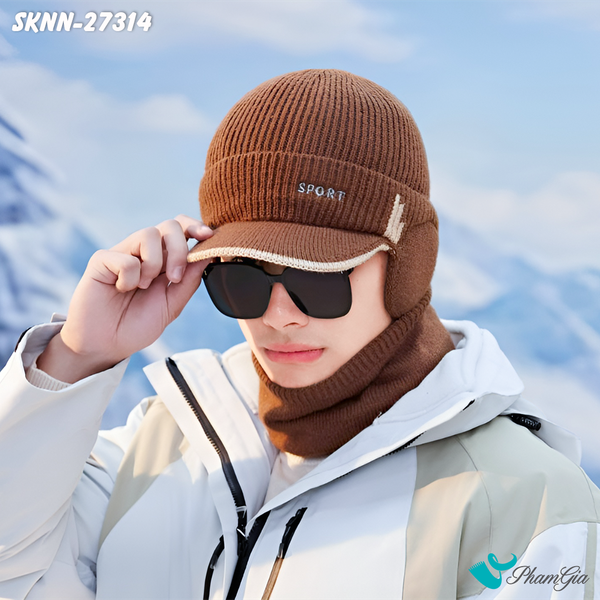 Set Khăn Nón Len Giữ Ấm Unisex Có Tai Chụp Màu Nâu Tây (SKNN27314)
