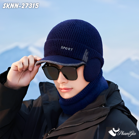 Người Mẫu Set Khăn Nón Len Giữ Ấm Unisex Có Tai Chụp Màu Xanh Navy