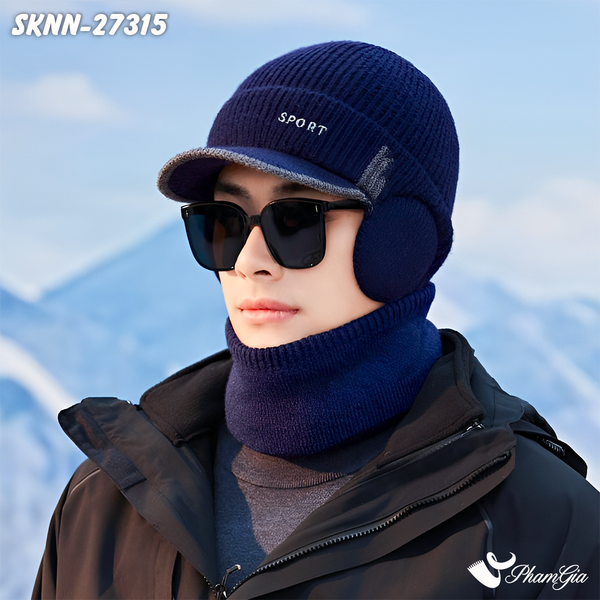 Set Khăn Nón Len Giữ Ấm Unisex Có Tai Chụp Màu Xanh Navy (SKNN27315)