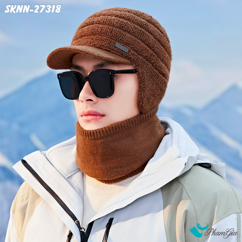 Người Mẫu Mặc Set Khăn Nón Len Xù Giữ Ấm Unisex Có Tai Chụp Màu Nâu Tây