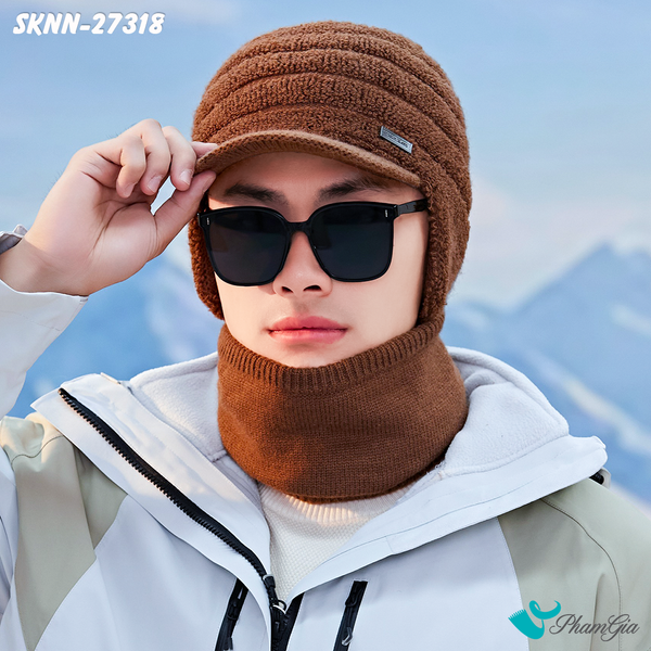 Set Khăn Nón Len Xù Giữ Ấm Unisex Có Tai Chụp Màu Nâu Tây (SKNN27318)