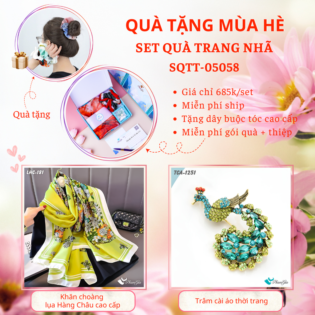 Set Quà Tặng Khăn Choàng Lụa Hoa Cúc Và Ghim Cài Áo Chim Công Cao Cấp