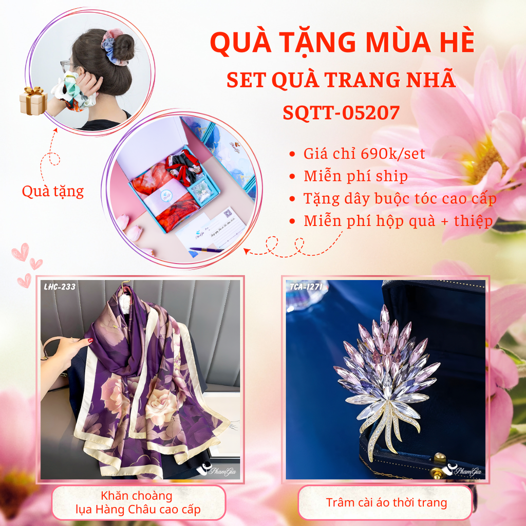 Set Quà Tặng Khăn Choàng Lụa Hoa mẫu Đơn Và Ghim Cài Áo Cao Cấp