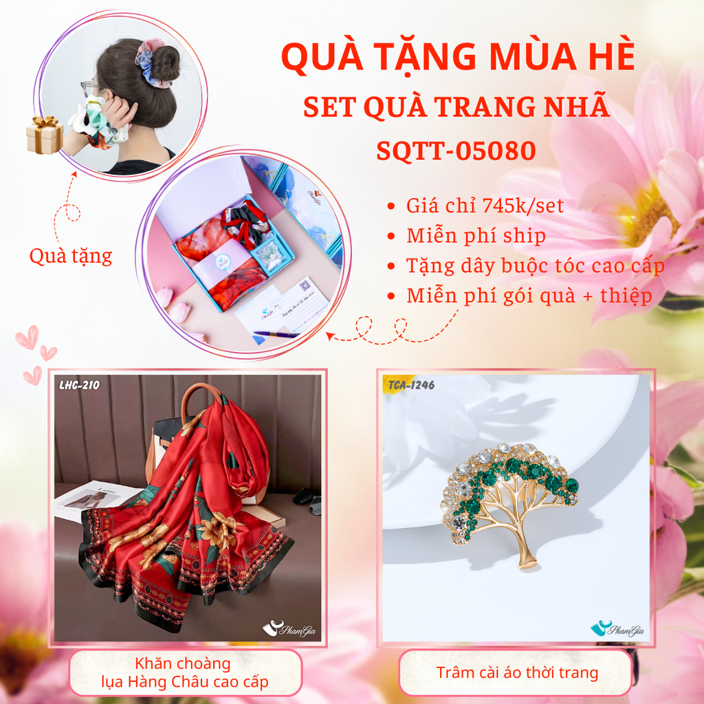 Set Quà Tặng Khăn Choàng Lụa Hoa Nhài Và Ghim Cài Áo Cây Xanh Cao Cấp
