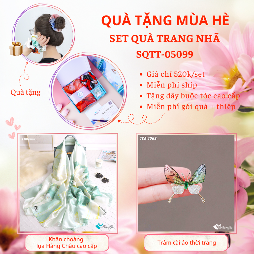 Set Quà Tặng Khăn Choàng Lụa Hoa Sen Và Ghim Cài Áo Bướm Xanh Cao Cấp