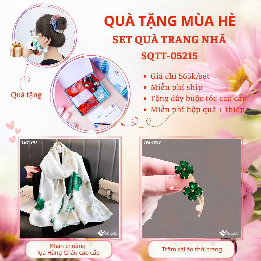 Set Quà Tặng Khăn Choàng Lụa Hoa Sen Và Ghim Cài Áo Cỏ Bốn Lá Cao Cấp