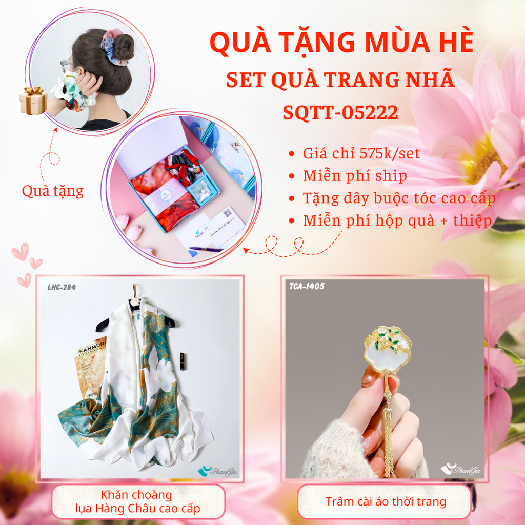 Set Quà Tặng Khăn Choàng Lụa Hoa Sen Và Ghim Cài Áo Hoa Xà Cừ Cao Cấp