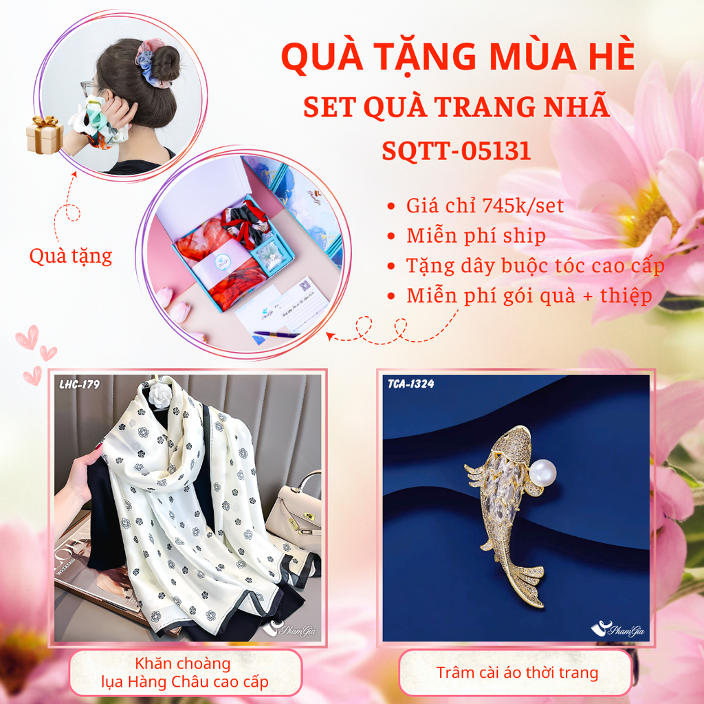 Set Quà Tặng Khăn Choàng Lụa Hoa Trà Và Ghim Cài Áo Cá Koi Cao Cấp