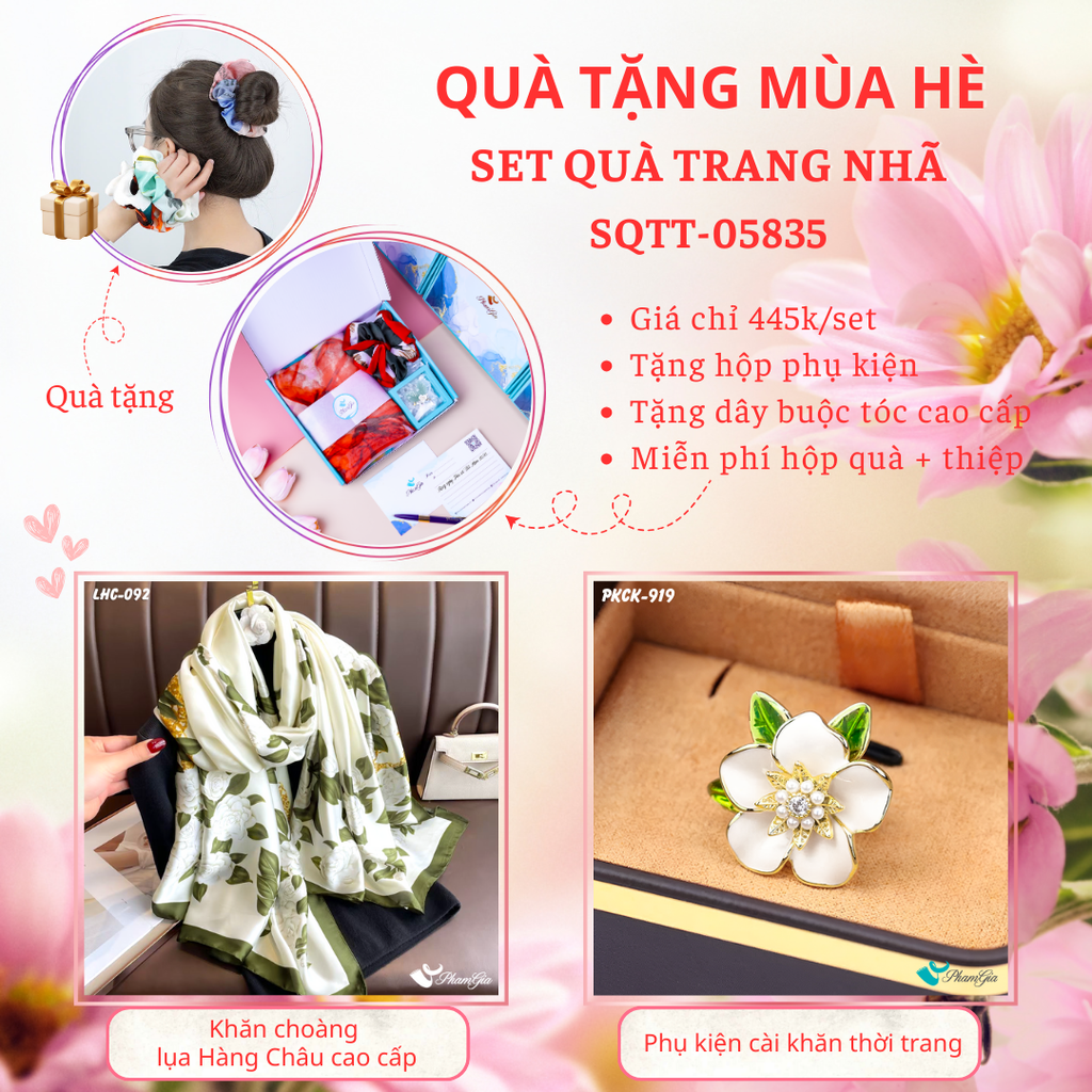v\Set Quà Tặng Khăn Choàng Lụa Hoa Trà Và Phụ Kiện Cài Khăn Thời Trang