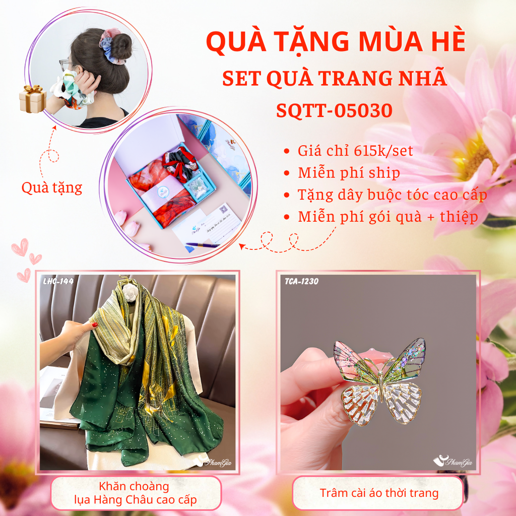 Set Quà Tặng Khăn Choàng Lụa Lá Vàng Và Ghim Cài Áo Bướm Xanh Cao Cấp