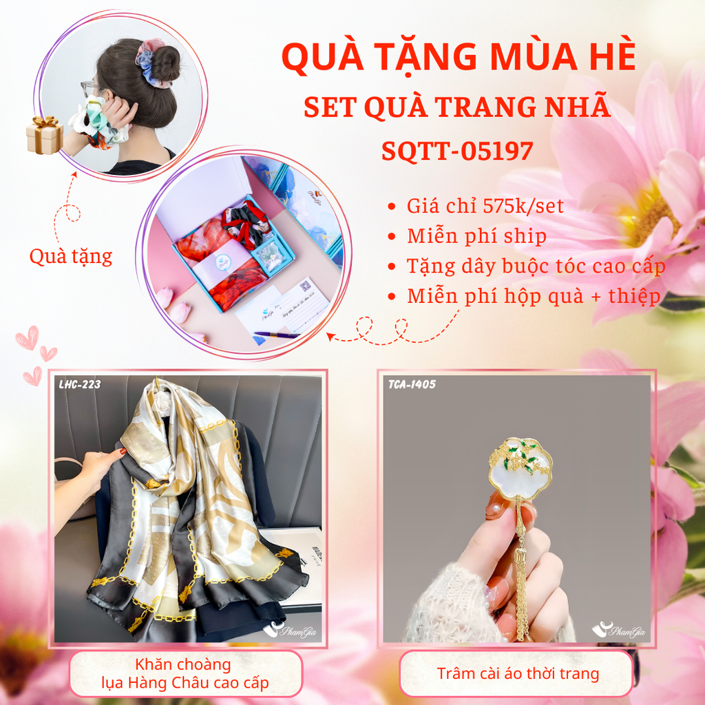 Set Quà Tặng Khăn Choàng Lụa Retro Và Ghim Cài Áo Hoa Xà Cừ Cao Cấp