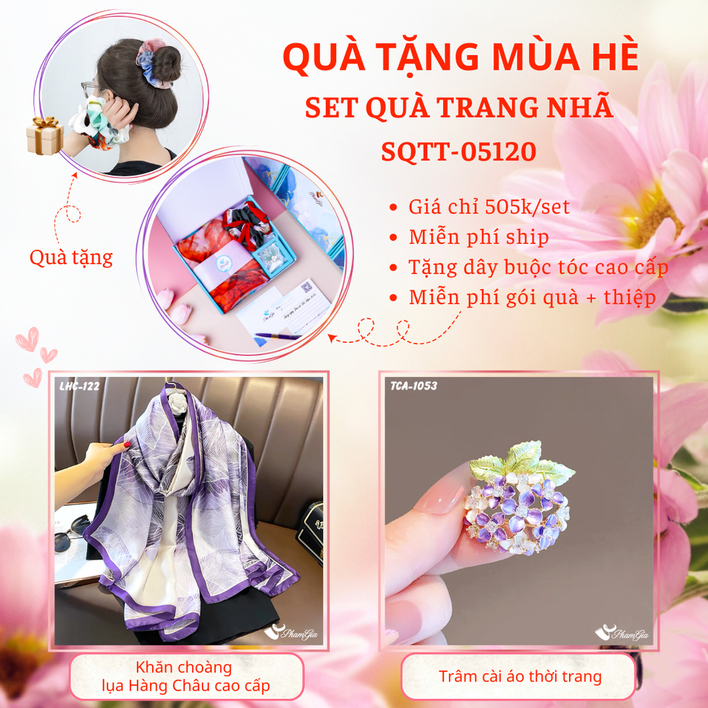 Set Quà Tặng Khăn Choàng Lụa Và Ghim Cài Áo Hoa Cẩm Tú Cầu Cao Cấp