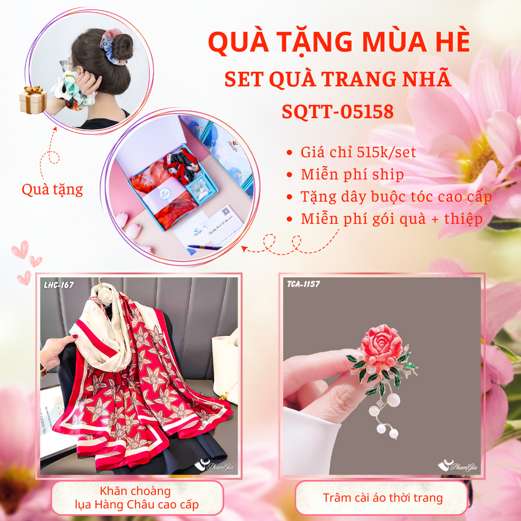 Set Quà Tặng Khăn Choàng Lụa Và Ghim Cài Áo Hoa mẫu Đơn Cao Cấp