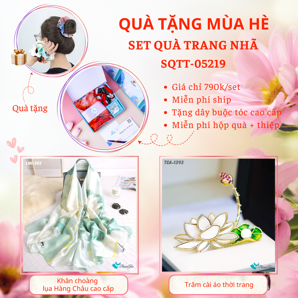 Set Quà Tặng Khăn Choàng Lụa Và Ghim Cài Áo Hoa Sen Cao Cấp