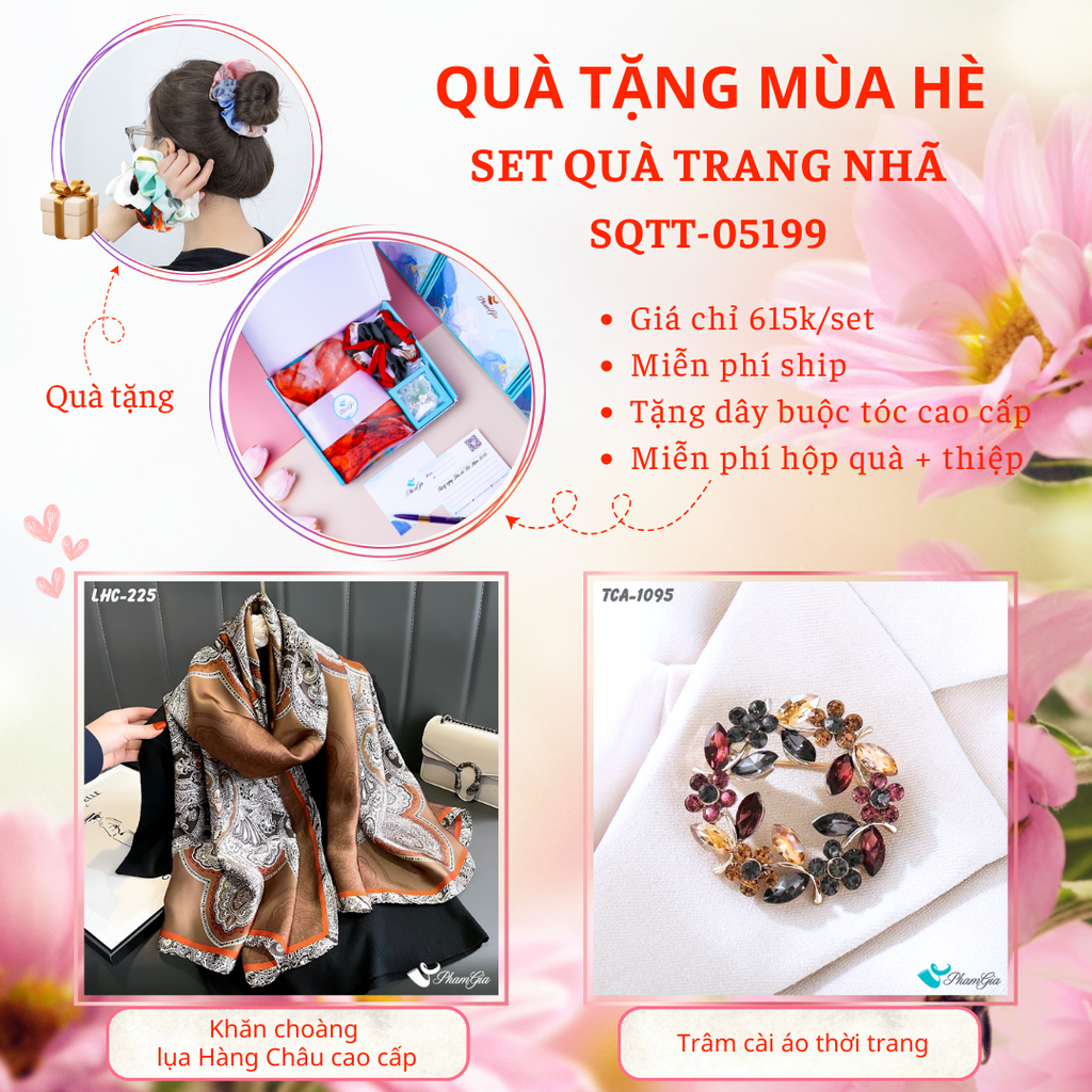 Set Quà Tặng Khăn Choàng Lụa Và Ghim Cài Áo Vòng Hoa Đá Pha Lê Cao Cấp