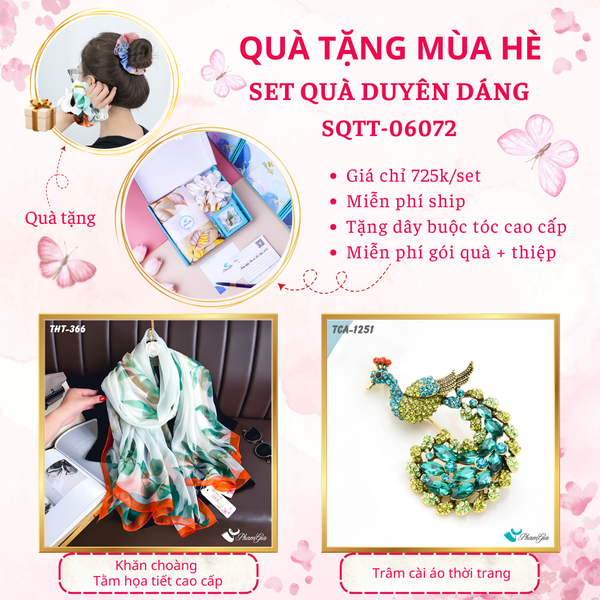 Quà Tặng Mùa Hè - Set Quà Tặng Khăn Choàng Tằm Họa Tiết Và Ghim Cài Áo Duyên Dáng (SQTT06072)