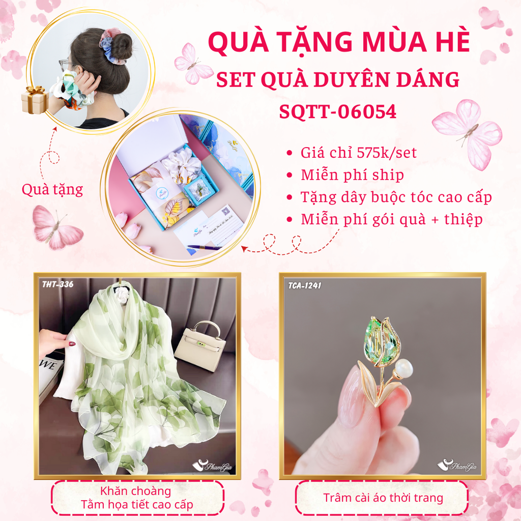 Set quà tặng khăn choàng tằm họa tiết và ghim cài áo hoa tulip cao cấp
