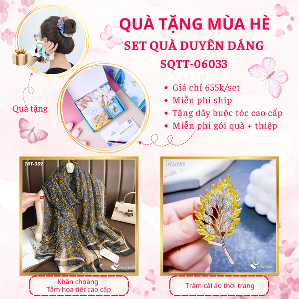 Quà Tặng Mùa Hè - Set Quà Tặng Khăn Choàng Tằm Họa Tiết Và Ghim Cài Áo Duyên Dáng (SQTT06033)