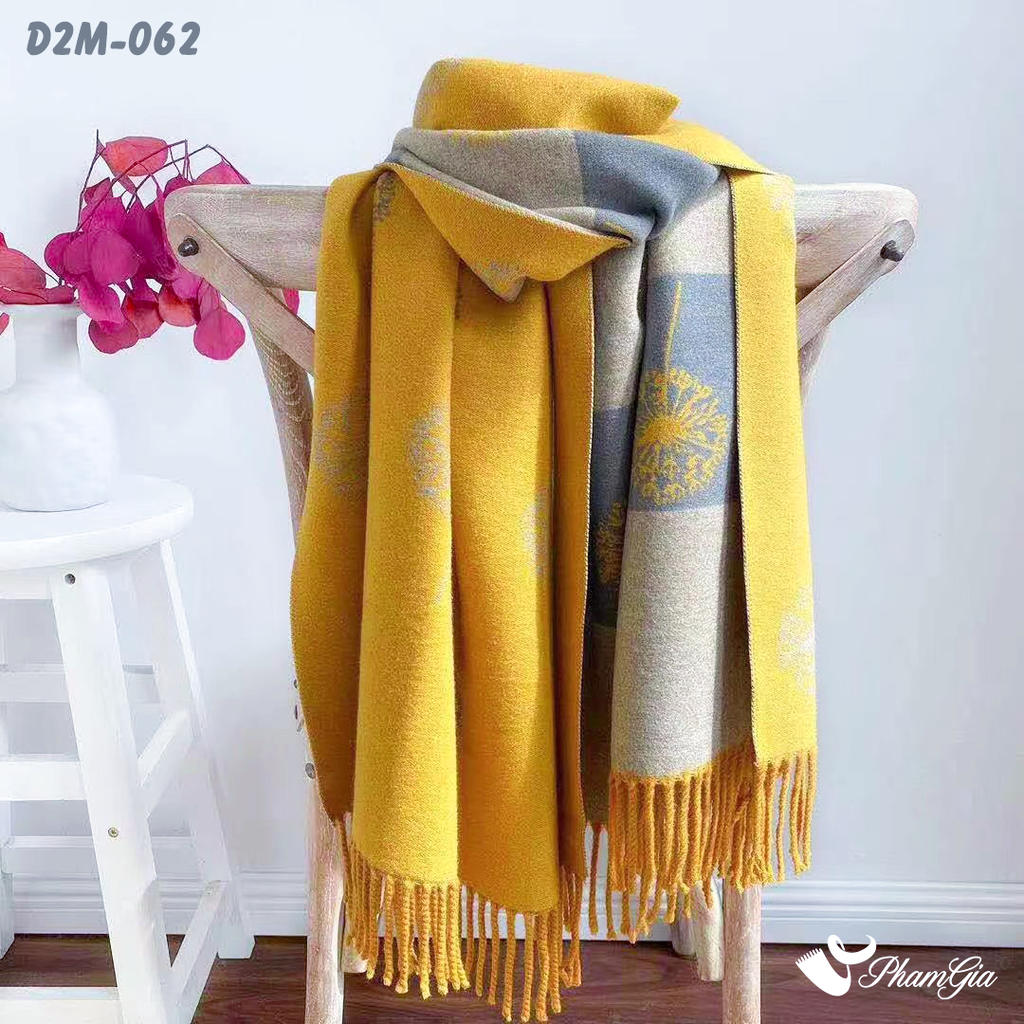 Góc Thẳng Khăn Choàng Dạ Cashmere 2 Mặt Cao Cấp Họa Tiết Bồ Công Anh Màu Vàng Gold Thanh Lịch
