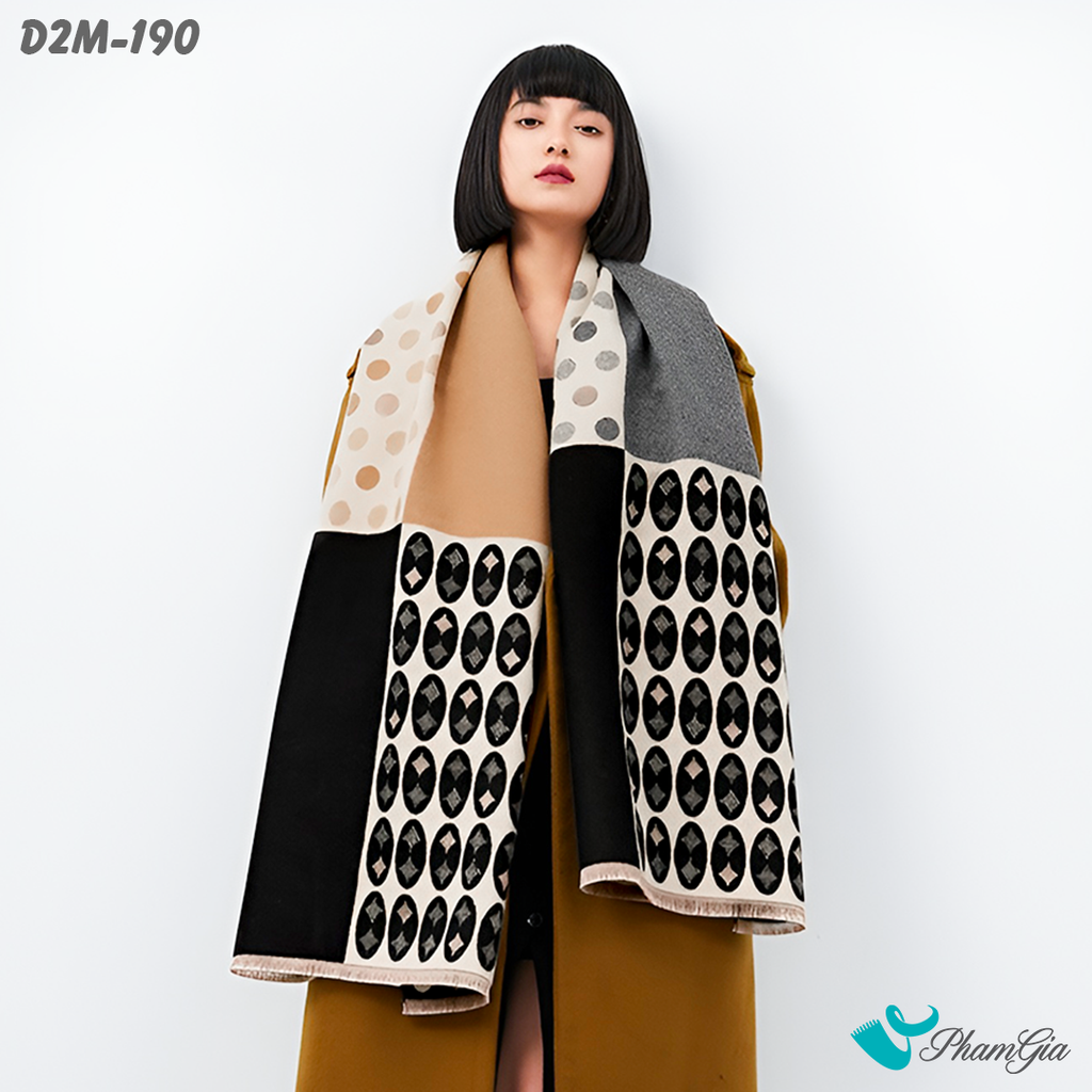 Họa Tiết Khăn Choàng Dạ Cashmere 2 Mặt Cao Cấp Họa Tiết Chấm Bi Lớn Phối Màu Nâu - Đen Cá Tính