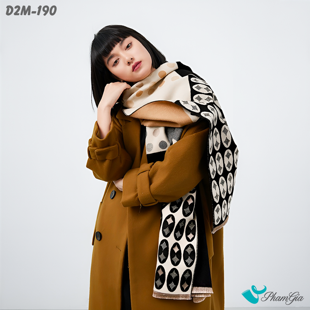 Người Mẫu Choàng Khăn Choàng Dạ Cashmere 2 Mặt Cao Cấp Họa Tiết Chấm Bi Lớn Phối Màu Nâu - Đen Cá Tính