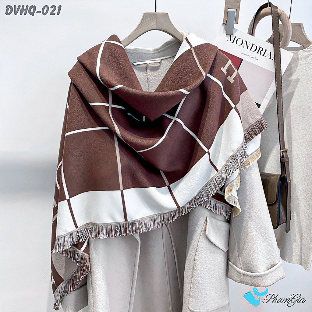Góc Thẳng Khăn Choàng Dạ Cashmere Vuông Phong Cách Hàn Quốc Cao Cấp Họa Tiết Caro Màu Nâu Tây