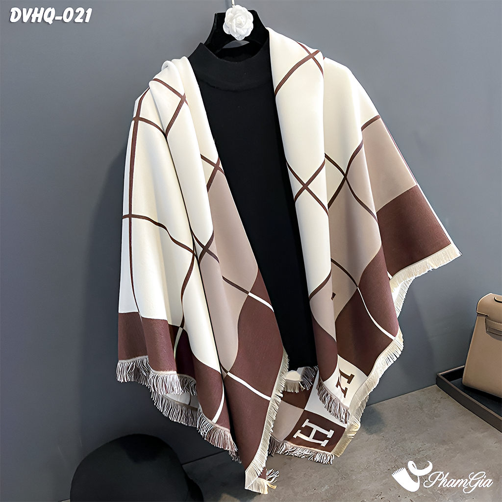 Góc Nghiêng Khăn Choàng Dạ Cashmere Vuông Phong Cách Hàn Quốc Cao Cấp Họa Tiết Caro Màu Nâu Tây