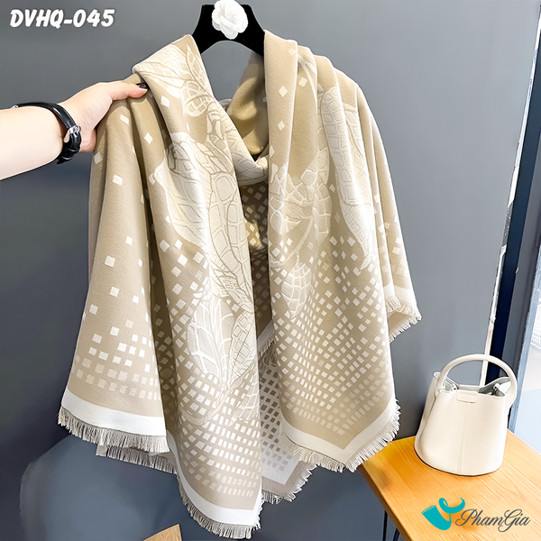 Khăn Choàng Dạ Cashmere Vuông Phong Cách Hàn Quốc Cao Cấp Họa Tiết Hoa Hồng Màu Bạc Xỉu (DVHQ045)