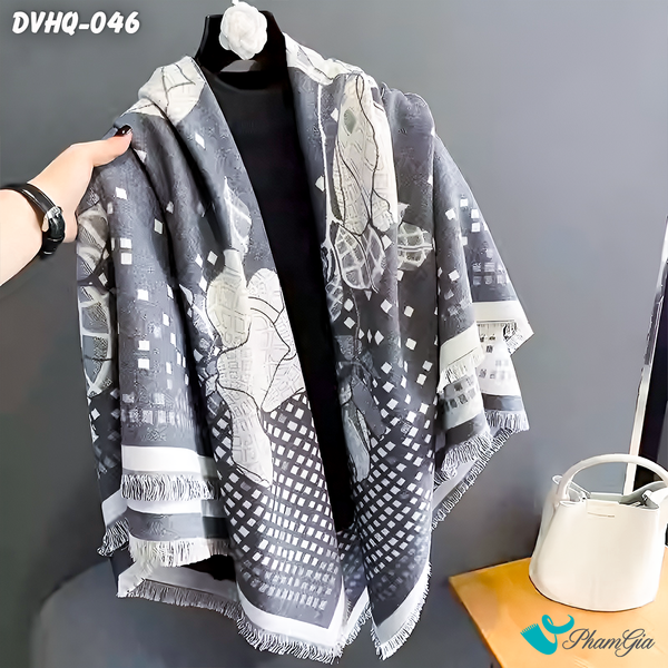 Khăn Choàng Dạ Cashmere Vuông Phong Cách Hàn Quốc Cao Cấp Họa Tiết Hoa Hồng Màu Xám Ghi (DVHQ046)