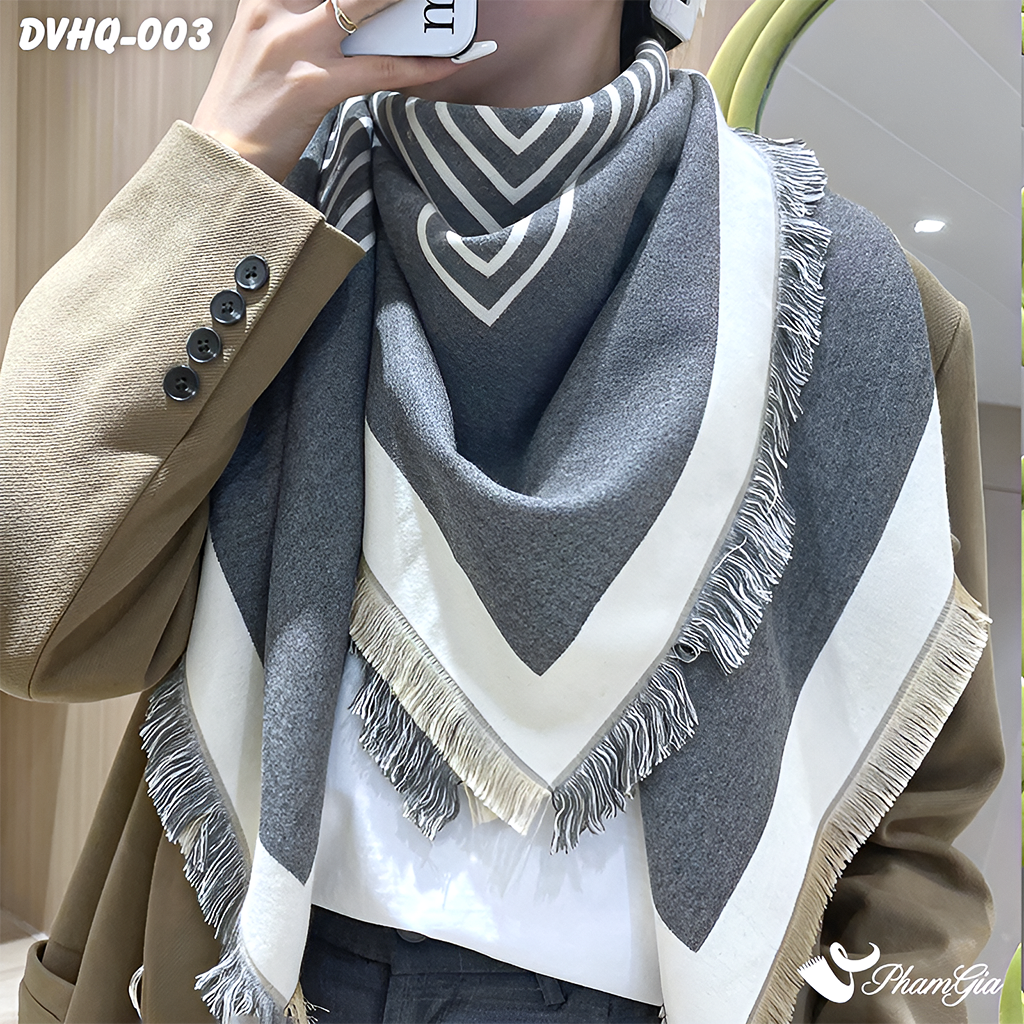 Người Mẫu Choàng Khăn Choàng Dạ Cashmere Vuông Phong Cách Hàn Quốc Cao Cấp Họa Tiết Kẻ Sọc Ghi - Trắng