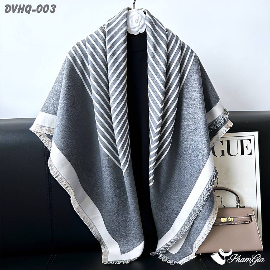 Nghiêng Phải Khăn Choàng Dạ Cashmere Vuông Phong Cách Hàn Quốc Cao Cấp Họa Tiết Kẻ Sọc Ghi - Trắng