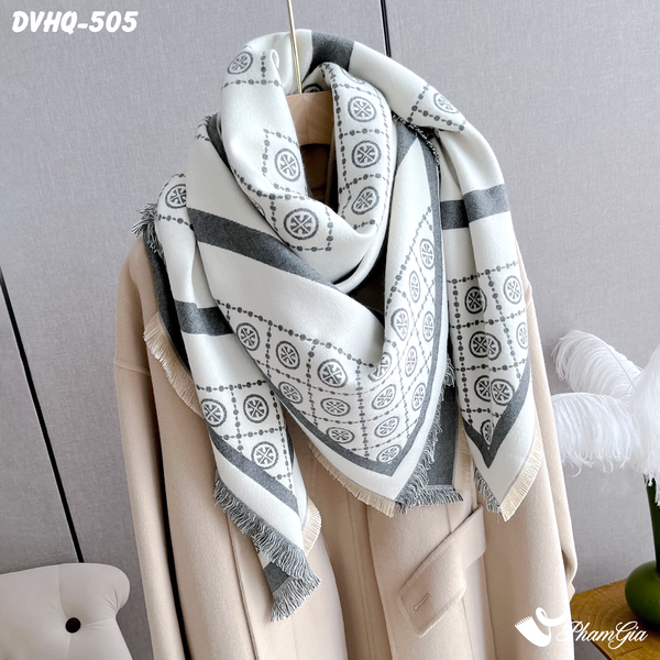 Khăn Choàng Dạ Cashmere Vuông Phong Cách Hàn Quốc Phiên Bản Mới Họa Tiết Retro Xám Khói (DVHQ505)