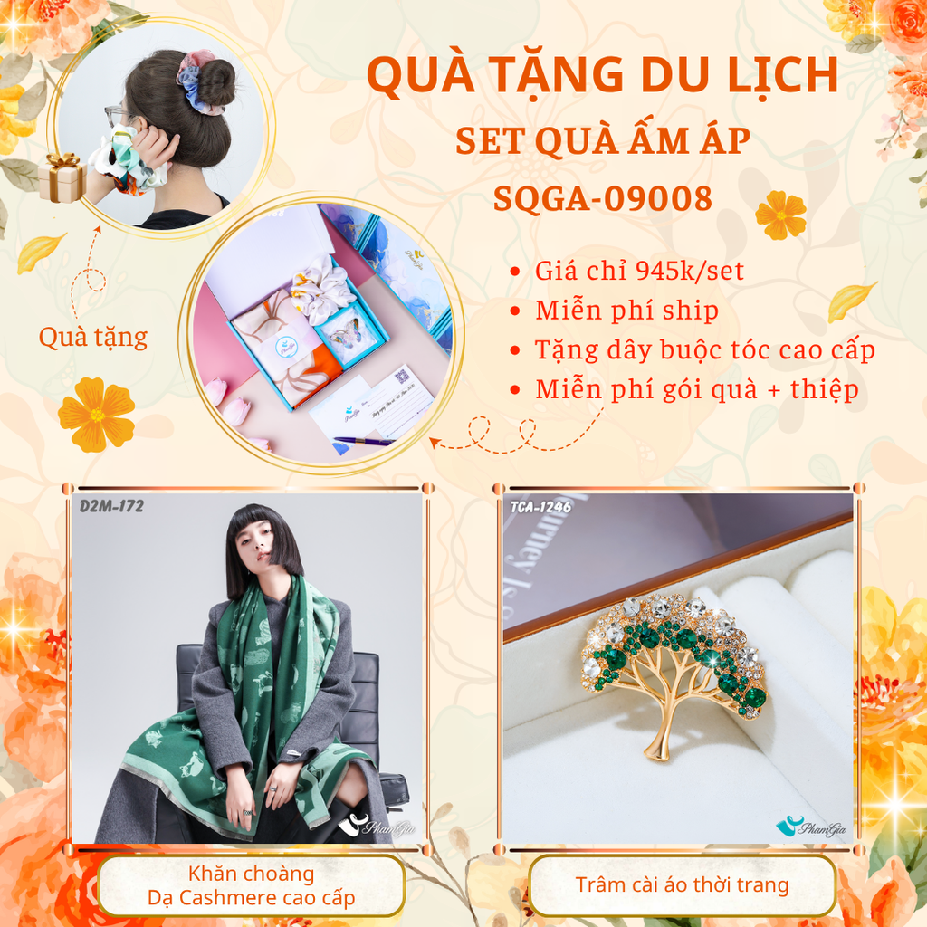Quà Tặng Du Lịch Ấm Áp - Set Quà Tặng Khăn Choàng Dạ Cashmere Cao Cấp Và Ghim Cài Áo Thời Trang (SQGA09008)