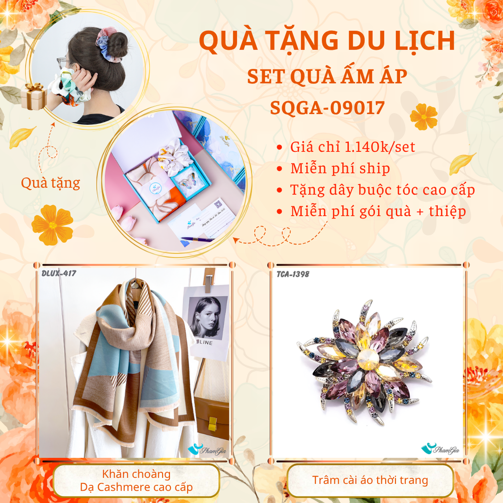 Quà Tặng Du Lịch Ấm Áp - Set Quà Tặng Khăn Choàng Dạ Cashmere Cao Cấp Và Ghim Cài Áo Thời Trang (SQGA09017)