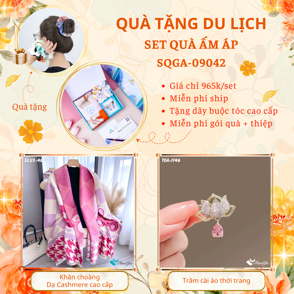 Quà Tặng Du Lịch Ấm Áp - Set Quà Tặng Khăn Choàng Dạ Cashmere Cao Cấp Và Ghim Cài Áo Thời Trang (SQGA09042)