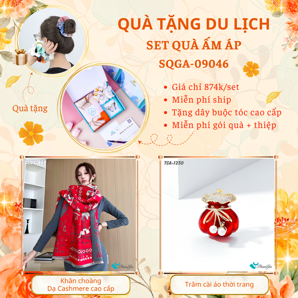 Quà Tặng Du Lịch Ấm Áp - Set Quà Tặng Khăn Choàng Dạ Cashmere Cao Cấp Và Ghim Cài Áo Thời Trang (SQGA09046)