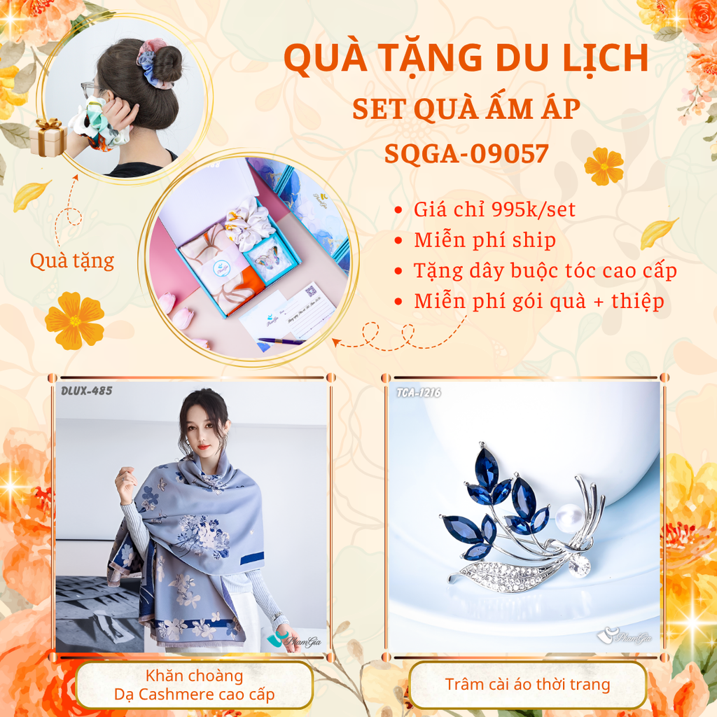 Quà Tặng Du Lịch Ấm Áp - Set Quà Tặng Khăn Choàng Dạ Cashmere Cao Cấp Và Ghim Cài Áo Thời Trang (SQGA09057)