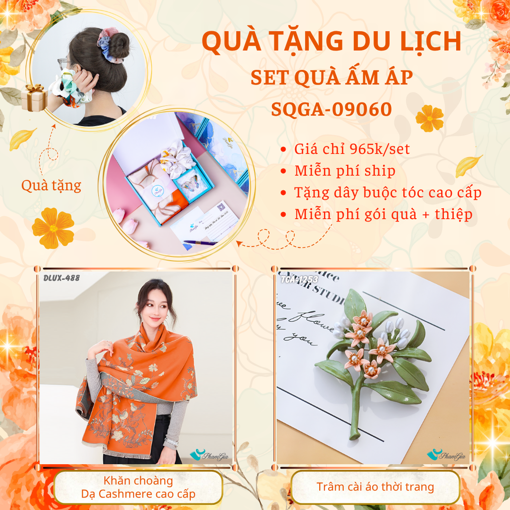Quà Tặng Du Lịch Ấm Áp - Set Quà Tặng Khăn Choàng Dạ Cashmere Cao Cấp Và Ghim Cài Áo Thời Trang (SQGA09060)