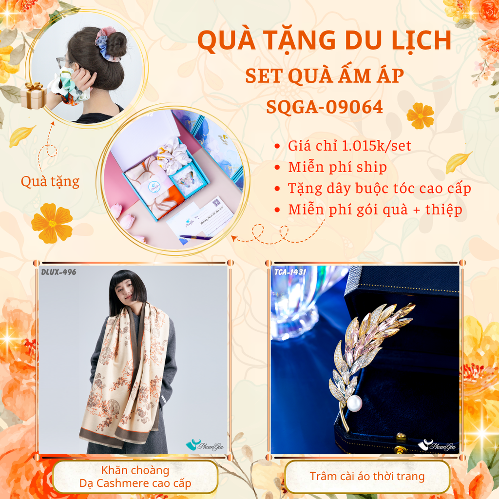 Quà Tặng Du Lịch Ấm Áp - Set Quà Tặng Khăn Choàng Dạ Cashmere Cao Cấp Và Ghim Cài Áo Thời Trang (SQGA09064)