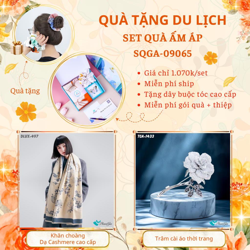 Quà Tặng Du Lịch Ấm Áp - Set Quà Tặng Khăn Choàng Dạ Cashmere Cao Cấp Và Ghim Cài Áo Thời Trang (SQGA09065)