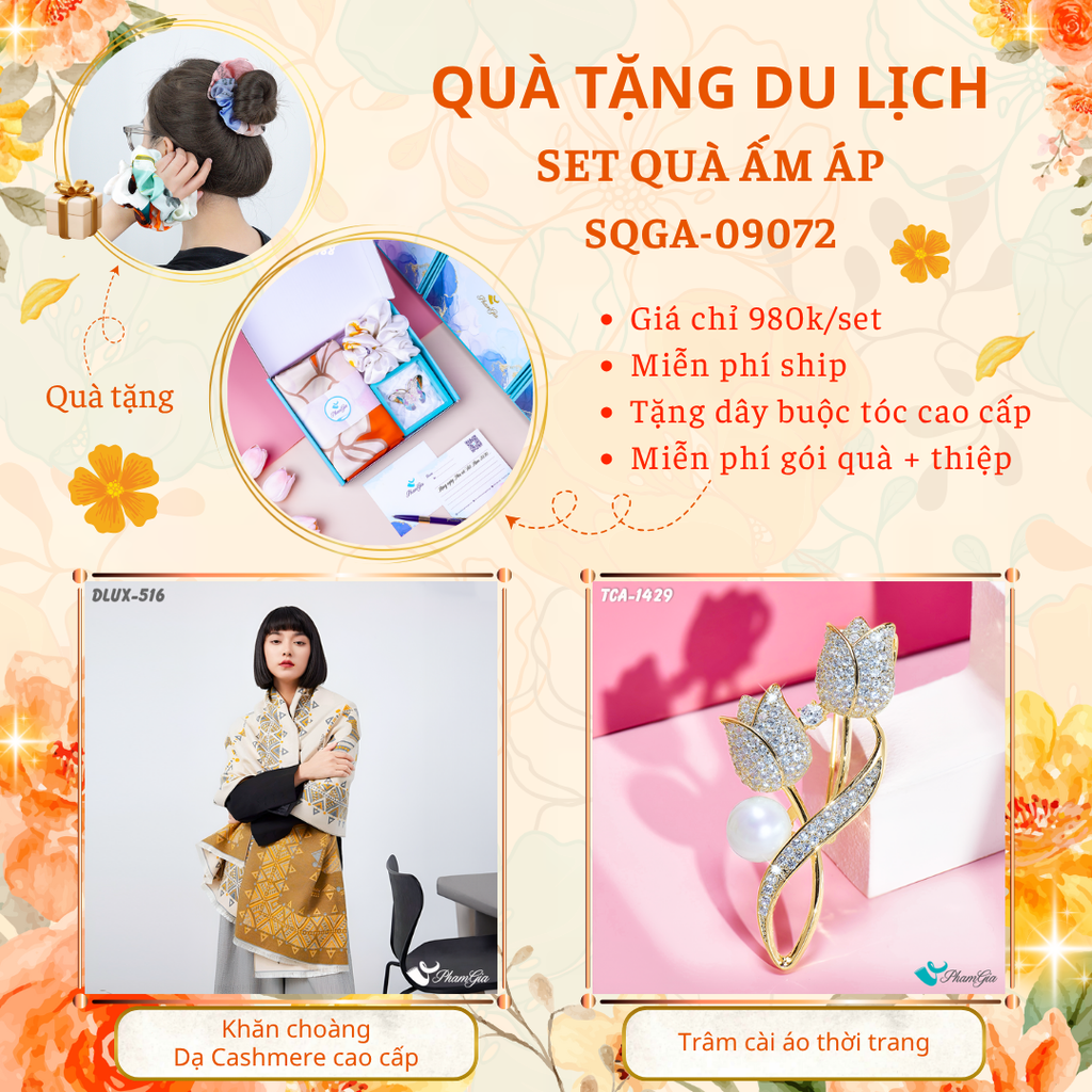 Quà Tặng Du Lịch Ấm Áp - Set Quà Tặng Khăn Choàng Dạ Cashmere Cao Cấp Và Ghim Cài Áo Thời Trang (SQGA09072)