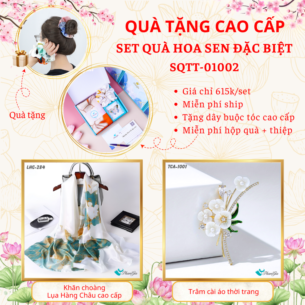 Set quà tặng khăn lụa hoa sen trắng và ghim cài áo hoa tuyết mai cao cấp