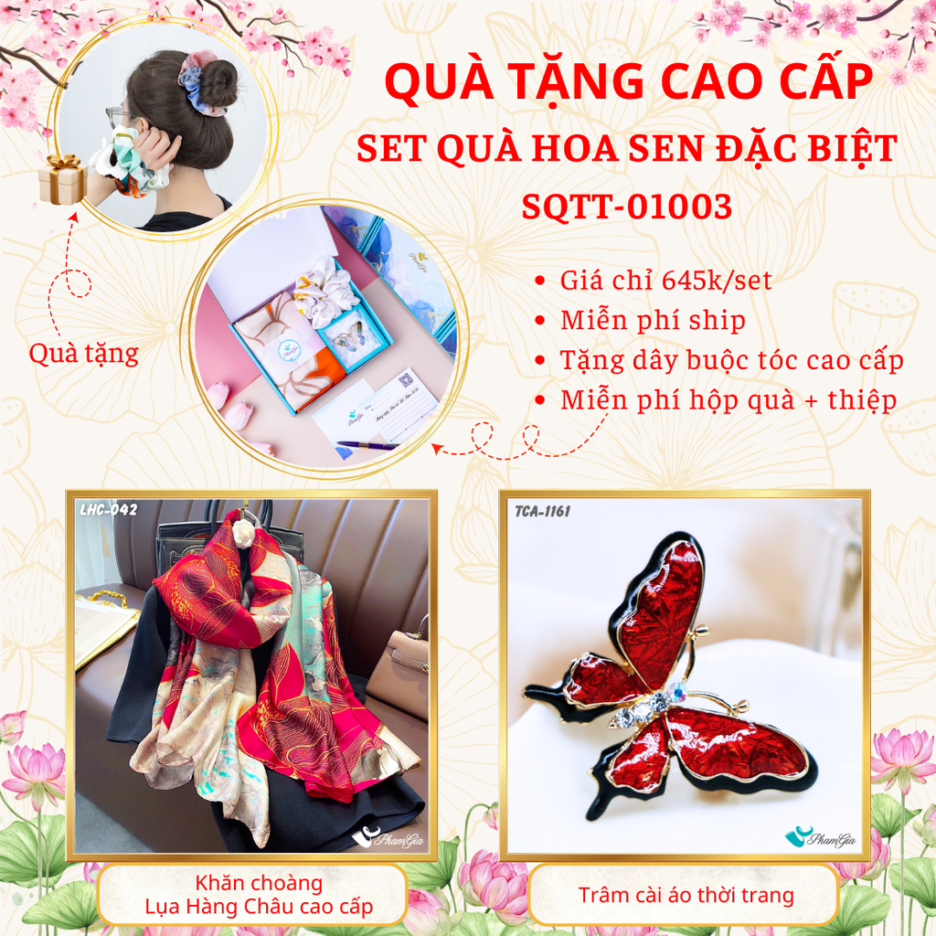 Set quà tặng khăn lụa hoa sen đỏ và ghim cài áo bướm cao cấp
