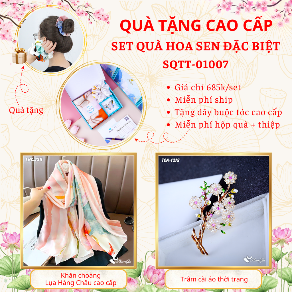 Set quà tặng khăn lụa hoa sen hồng và ghim cài áo hoa anh đào cao cấp