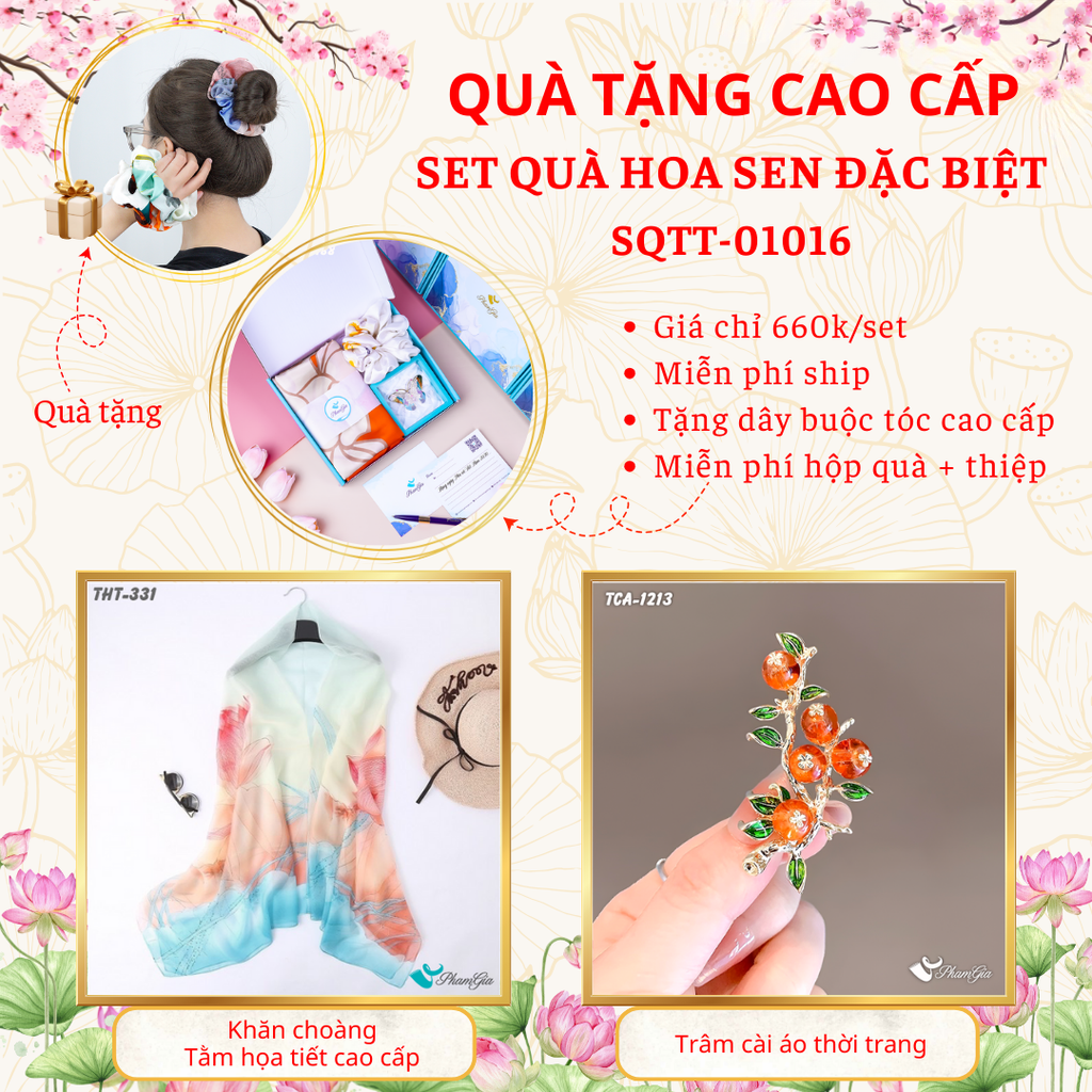 Set quà tặng khăn tằm hoa sen hồng và ghim cài áo cành lựu cam cao cấp