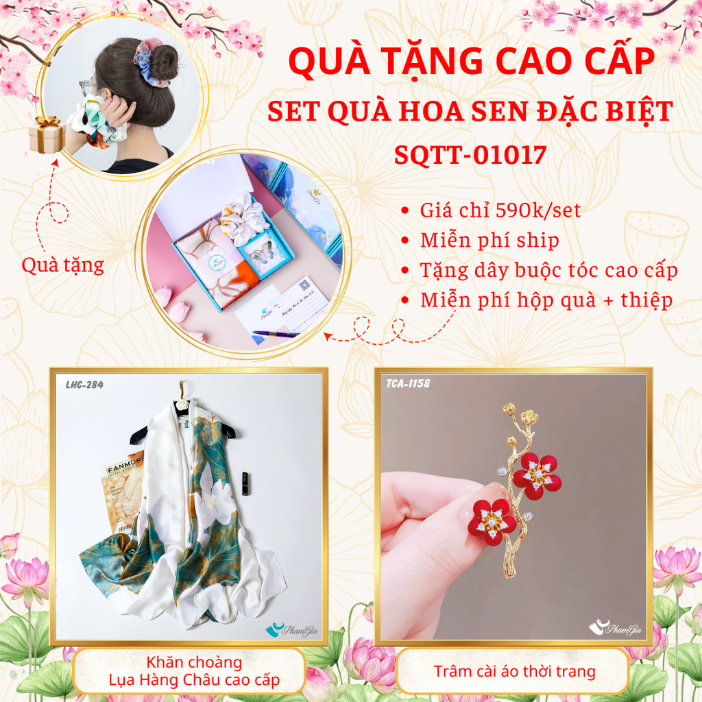 Set quà tặng khăn lụa hoa sen trắng và ghim cài áo chuồn chuồn xanh cao cấp