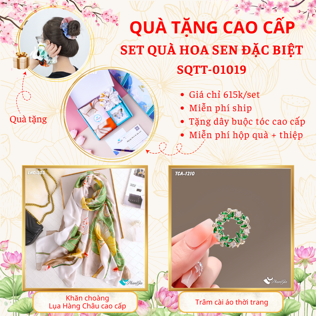 Set quà tặng khăn lụa hoa sen xanh và ghim cài áo vòng nguyệt quế cao cấp